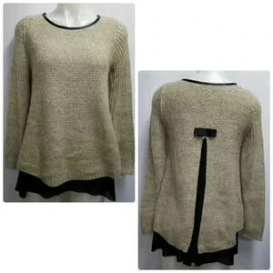 Zero Degrees Celsius Marled Tan Black Mixed Media Split Back Bow Tunic Sweater